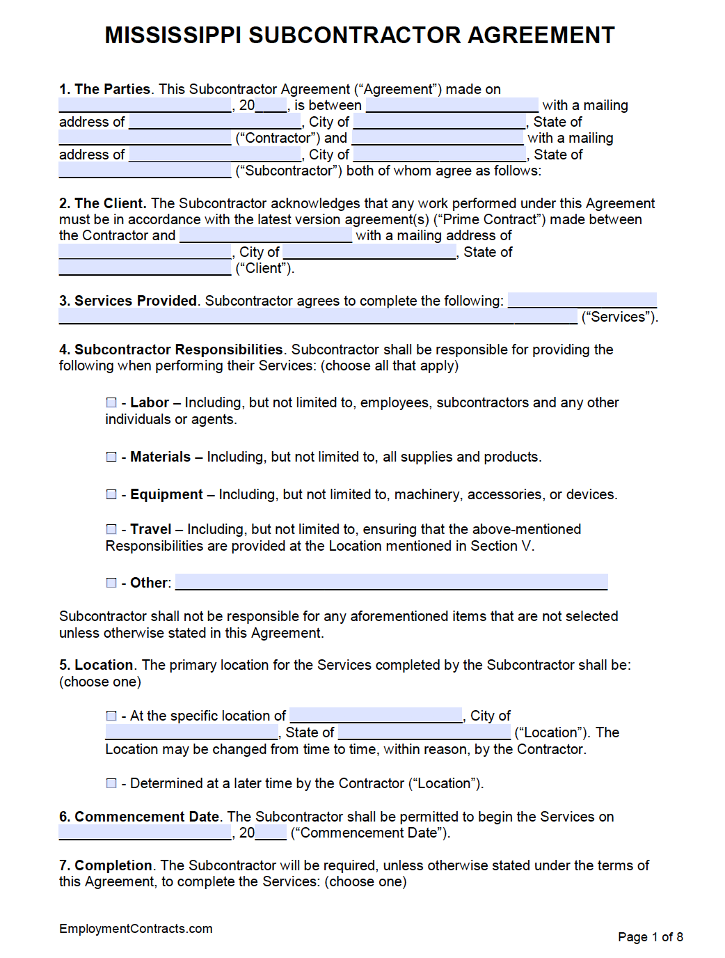 Mississippi Subcontractor Agreement Template | PDF | Word