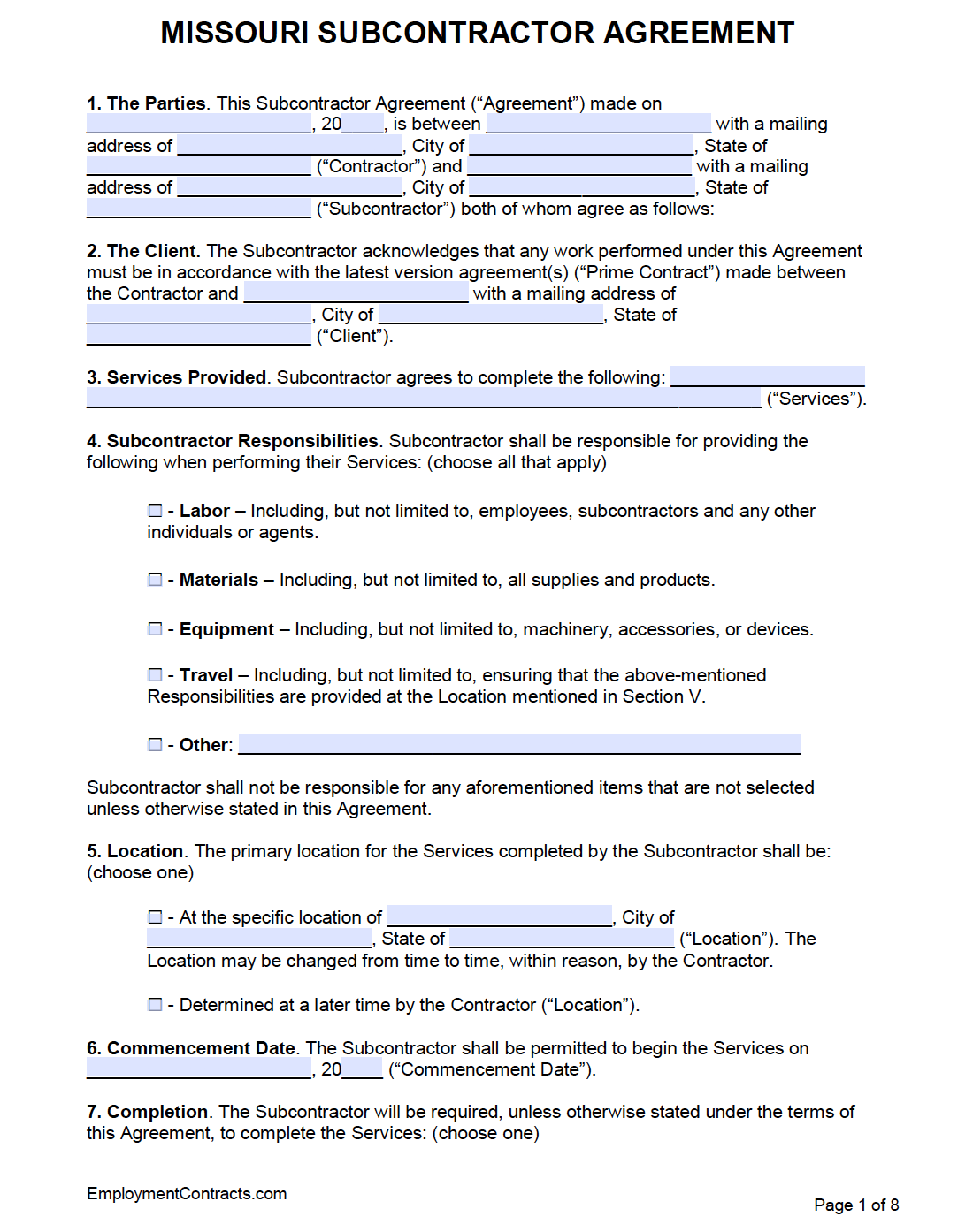 Missouri Subcontractor Agreement Template Pdf Word