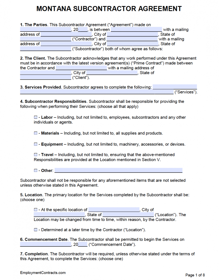 Montana Subcontractor Agreement Template | PDF | Word