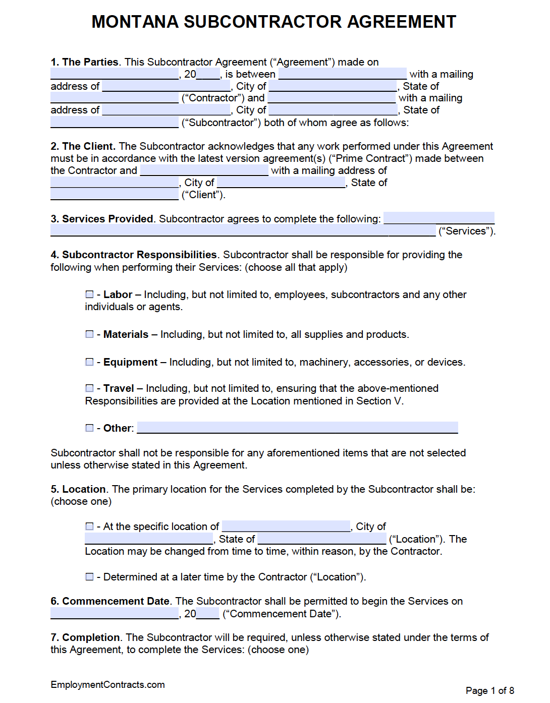 Montana Subcontractor Agreement Template | PDF | Word