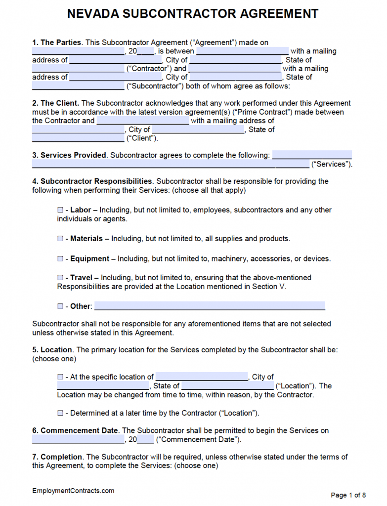 Nevada Subcontractor Agreement Template | PDF | Word