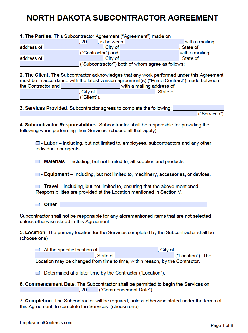 North Dakota Subcontractor Agreement Template | PDF | Word