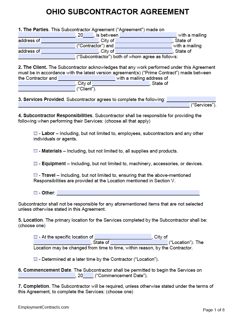 Ohio Subcontractor Agreement Template PDF Word