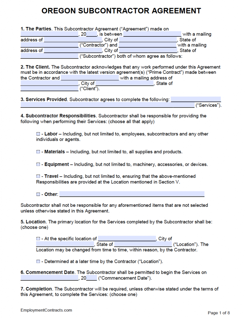 Oregon Subcontractor Agreement Template | PDF | Word