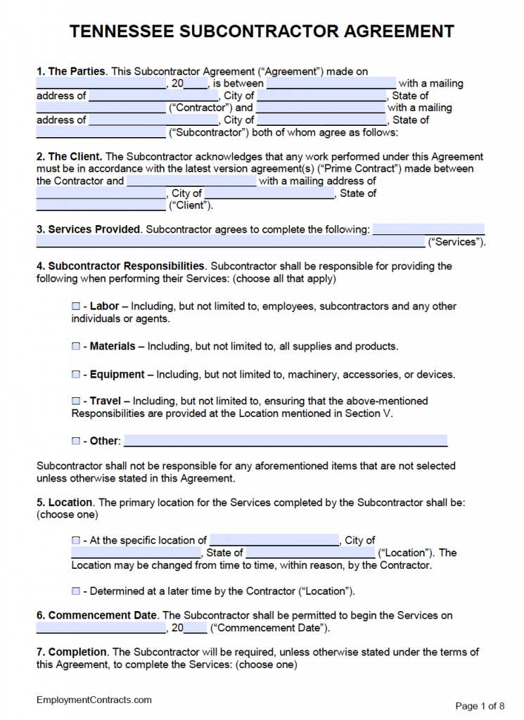 Tennessee Subcontractor Agreement Template | PDF | Word