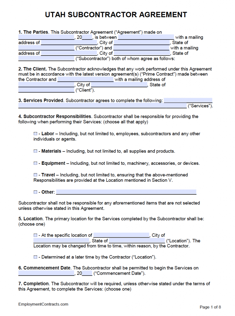 Utah Subcontractor Agreement Template | PDF | Word