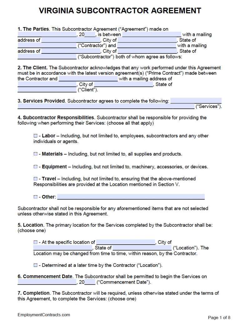 Virginia Subcontractor Agreement Template | PDF | Word