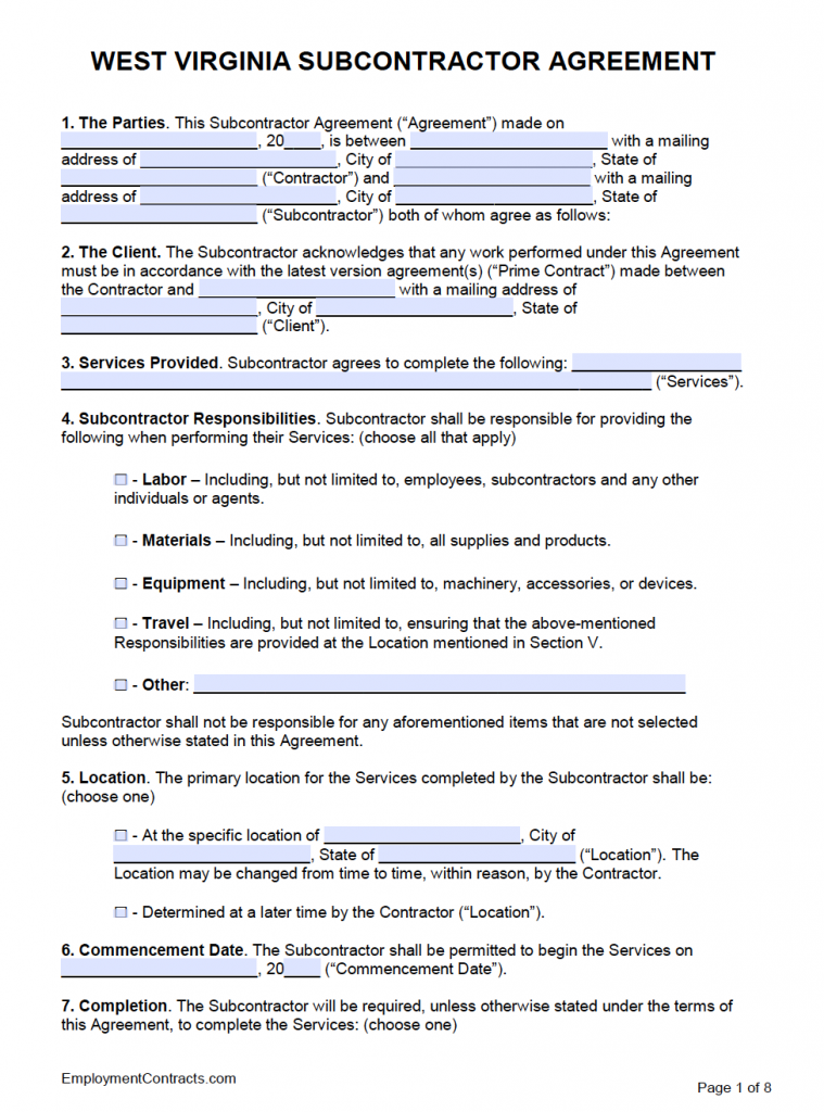 West Virginia Subcontractor Agreement Template | PDF | Word