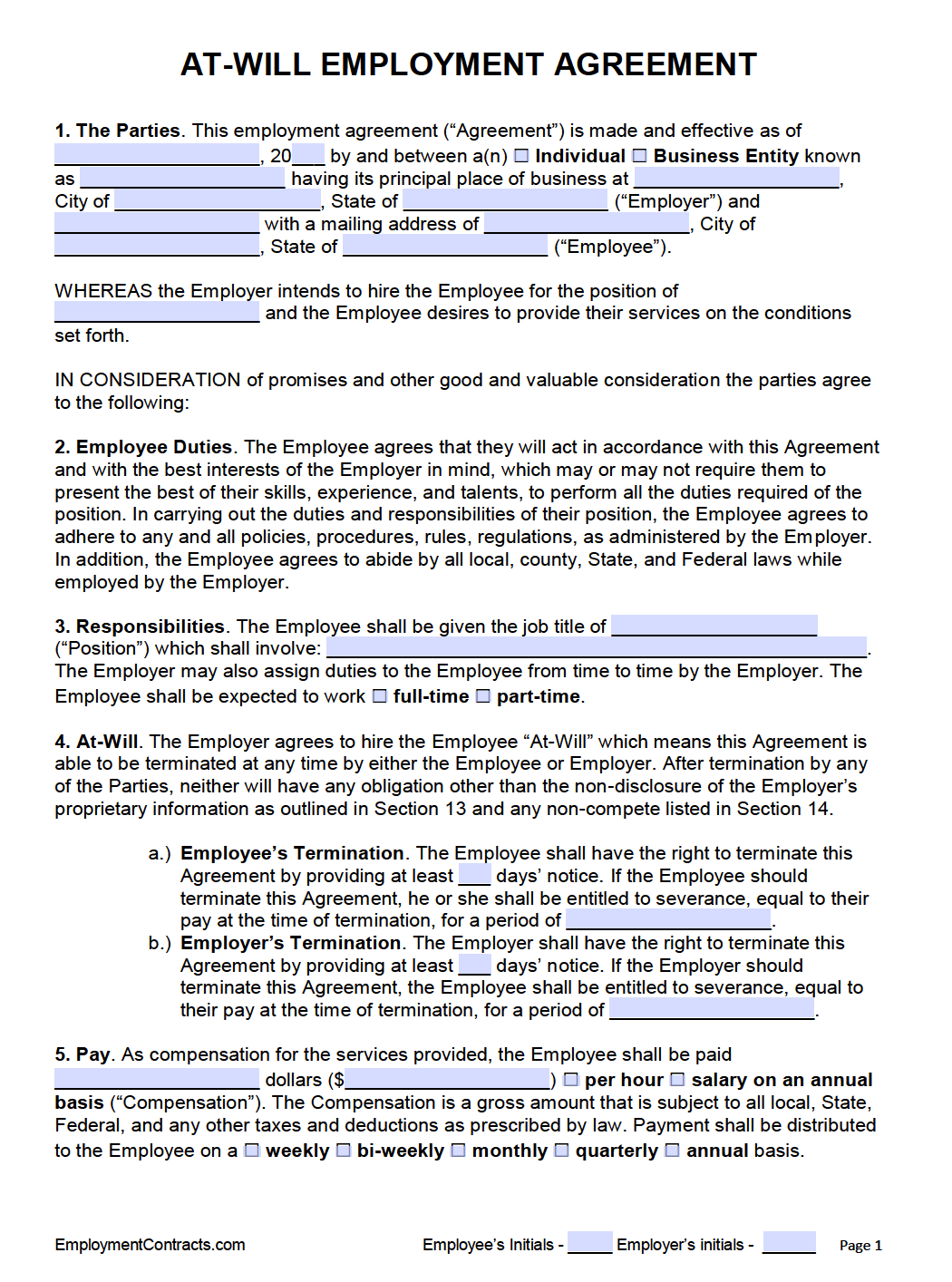 At will Employment Agreement Template
