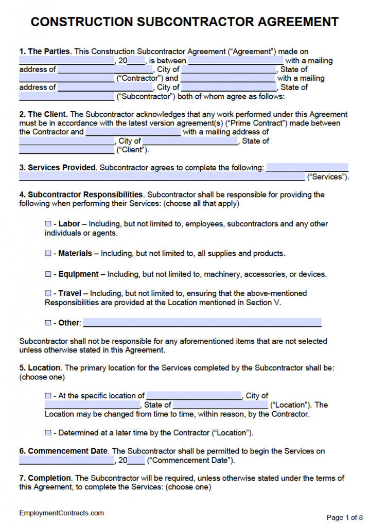 Construction (Contractor) Subcontractor Agreement | PDF | Word