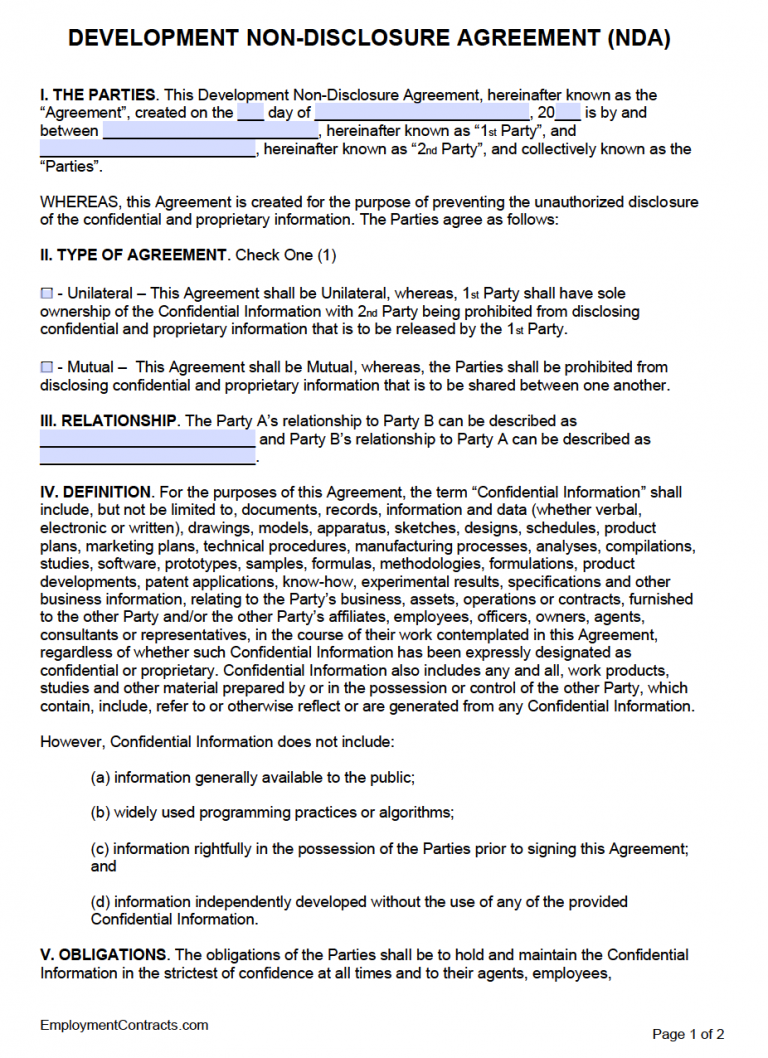 Development Non-Disclosure Agreement | PDF | Word