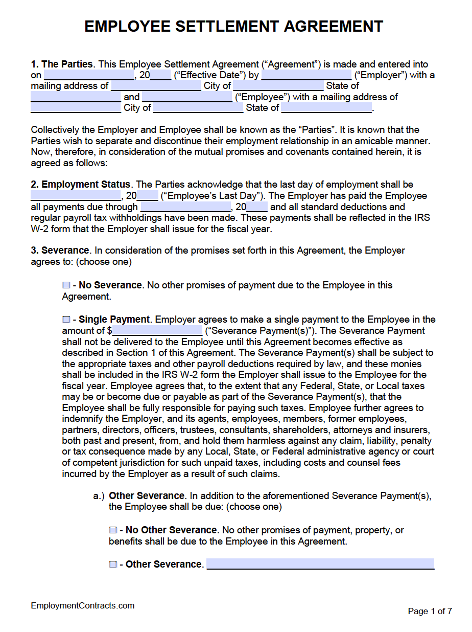 Free Employment Separation Severance Agreement Template Pdf Word