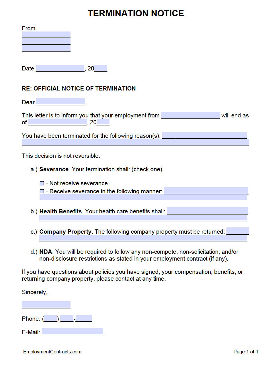 Printable Termination Form Printable Forms Free Online