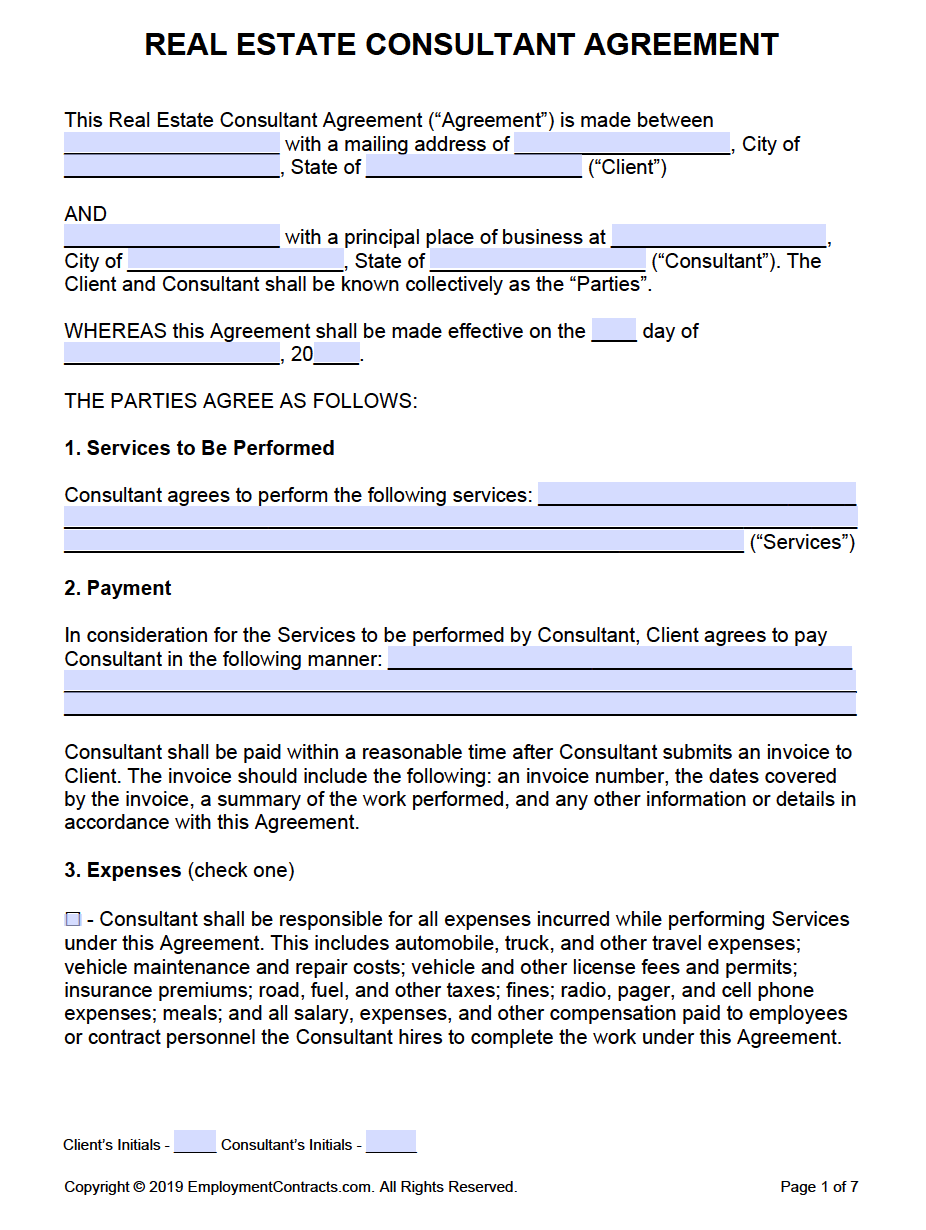 Free Real Estate Consultant Agreement  PDF  Word For short consulting agreement template