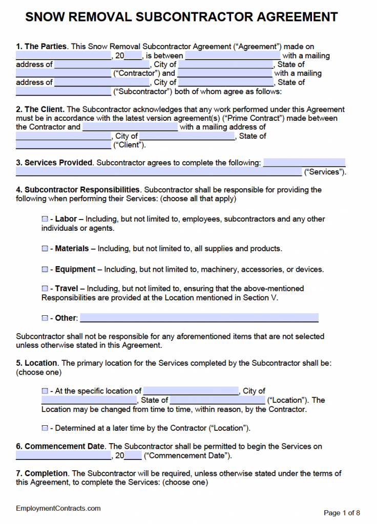 Snow Removal / Plow Subcontractor Agreement PDF Word