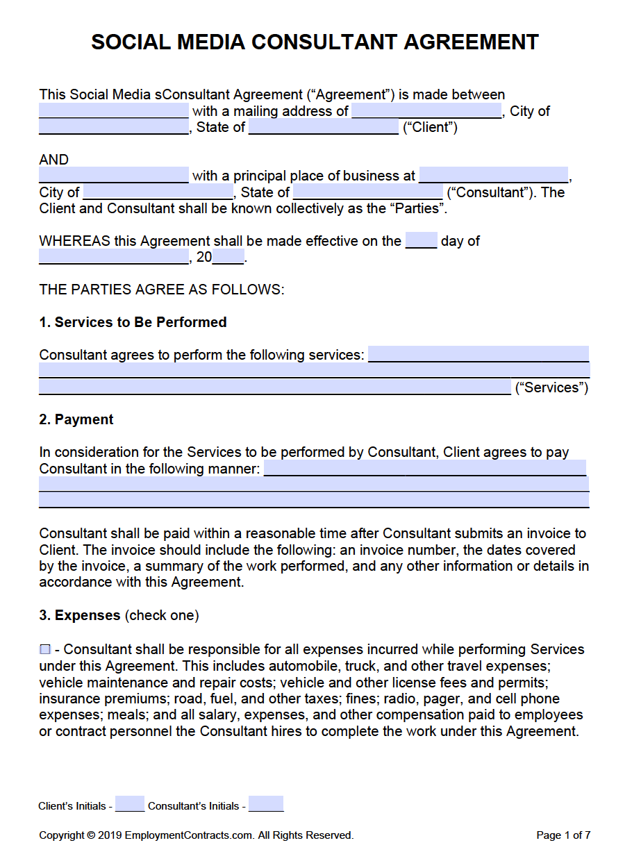 Free Social Media Consultant Agreement  PDF  Word With freelance consulting agreement template