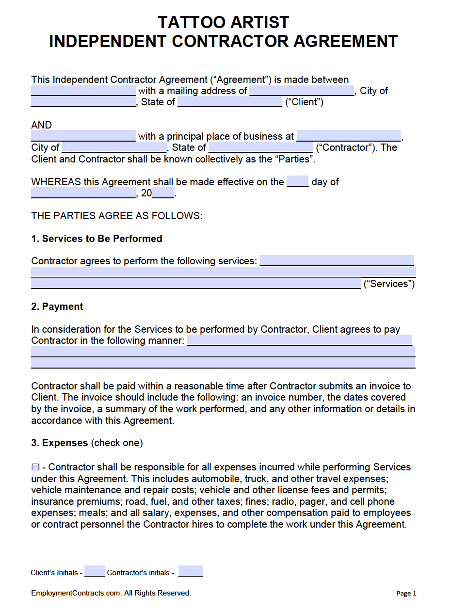 Employment Agreement with Tattoo Artist as a Self  Tattoo Contract  US  Legal Forms