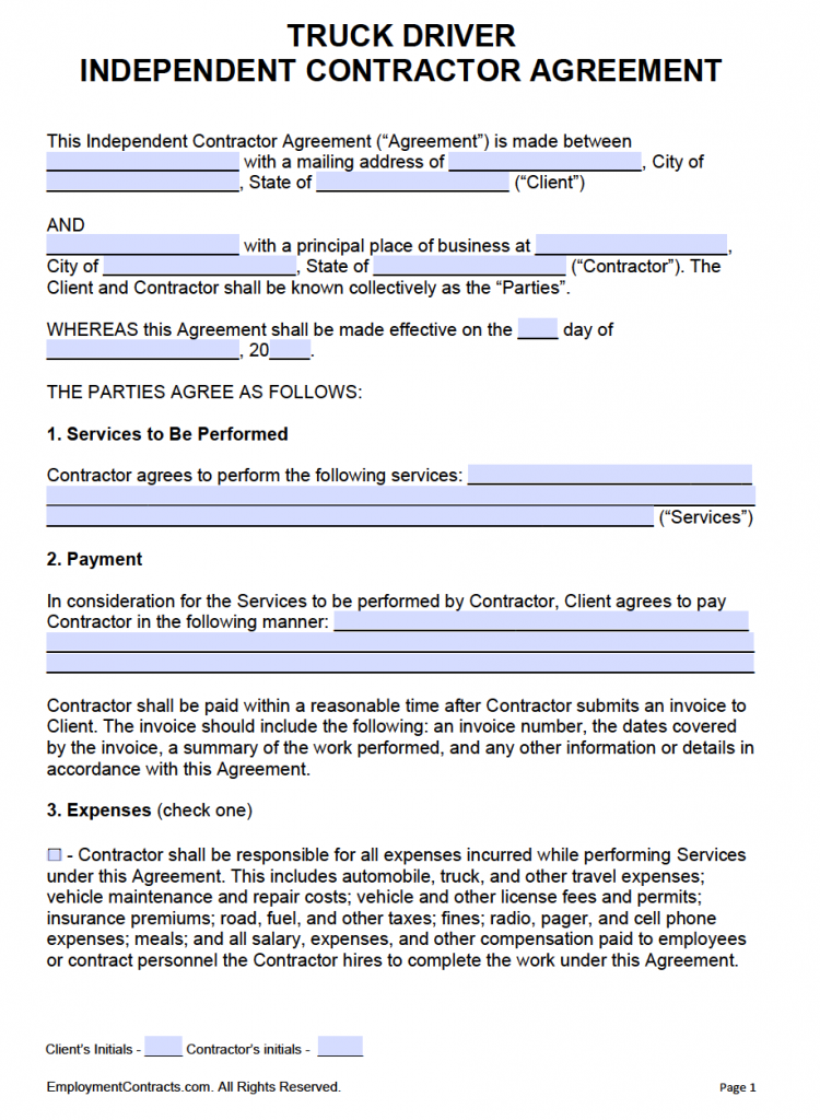 Free Truck Driver Independent Contractor Agreement PDF Word