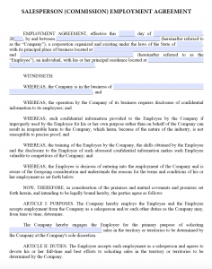 Salesperson (Commission) Employment Contract with Sample Template PDF