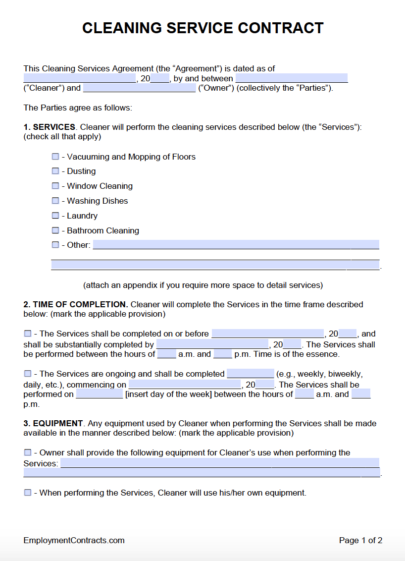 Free Printable Cleaning Contract Template Word